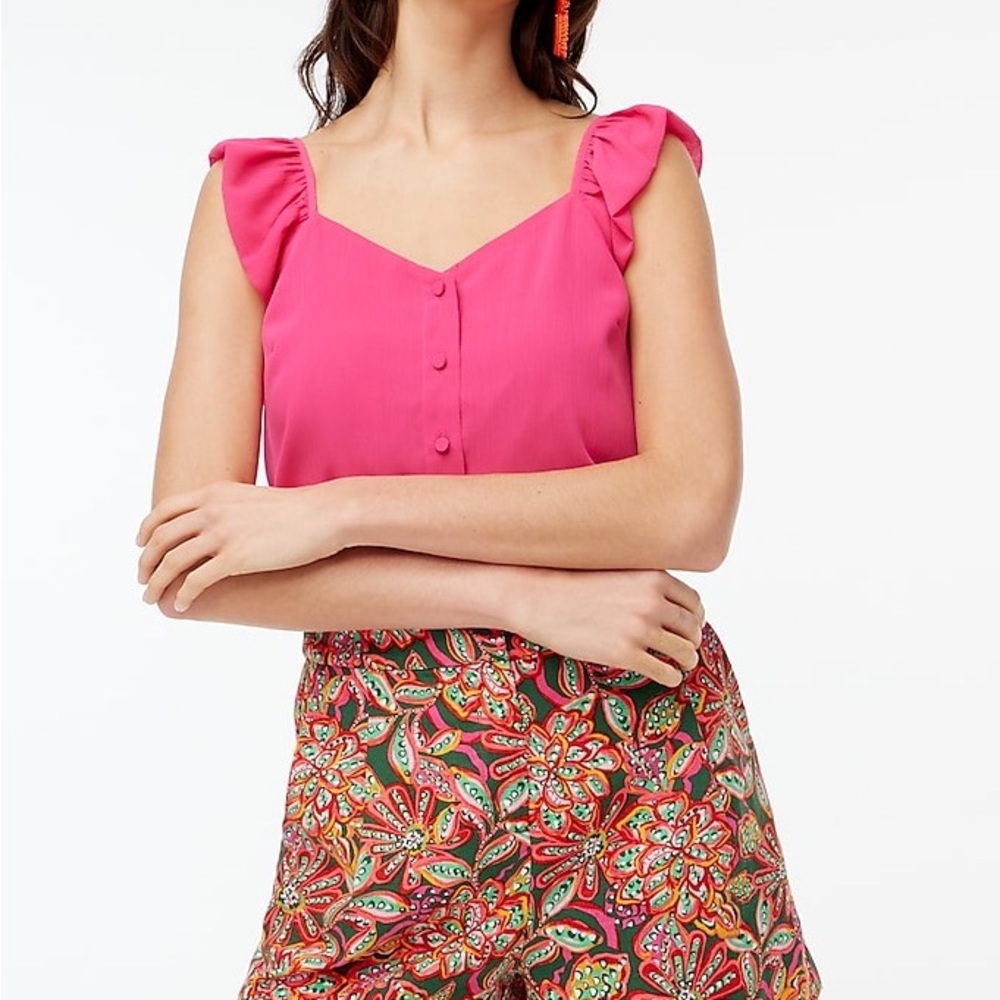 J. CREW FACTORY BUTTON UP RUFFLE SLEEVE TOP IN FUCHSIA BLOSSOM SIZE 14 NWT